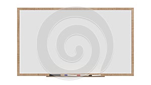 Whiteboard isolated on white background. Wooden frame. Markers and eraser.