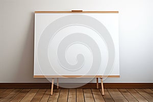 Whiteboard for markers on wooden floor. Created with Generative AI