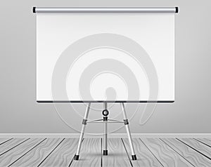 Whiteboard for markers on wooden floor. Presentation, Empty Projection screen. Office board background frame