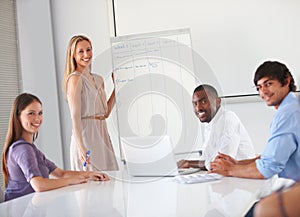 Whiteboard presentation meeting, portrait and business people listening to speaker, team leader or manager schedule