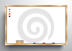 Whiteboard wooden frame with eraser whiteboard, color marker and magnetic, vector illustration