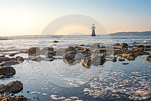 Whiteford Point Lighthouse at sunset, Swansea, Wales UK