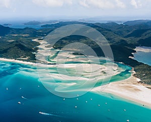 Whitehaven Beach and Hill inlet. Aerial Drone Shot. Whitsundays Queensland Australia, Airlie Beach.