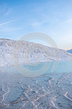 Whiteness of Pamukkale travertine favorite places with tourists