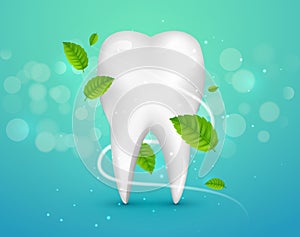 Whitening tooth ads, with mint leaves on green background. Green mint leaves clean fresh concept. Teeth health