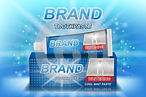 Whitening toothpaste ads isolated on blue. Tooth model and product package design for dental care poster or advertising