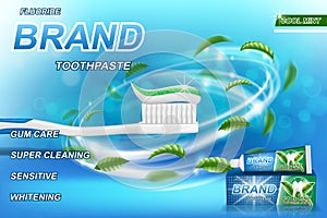 Whitening toothpaste ads, mint leaves background. Tooth model and product package design for toothpaste poster or