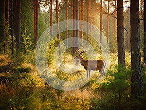 Whitetail Deer Buck in the Morning Sunlight in the Forest. Made with Generative AI