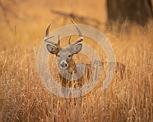 Whitetail Deer Buck steps cautiously through high grass