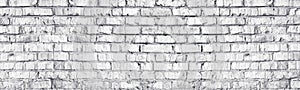 Whitewashed brick wall panoramic texture. White old brickwork long panorama. Widescreen light grey background