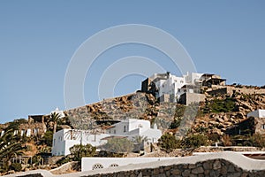 Whitewashed houses on a hill of Aegean island of Mykonos, Greece