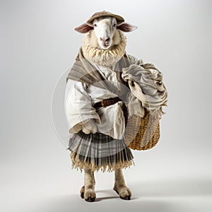 Whitewashed Narratives: A Lifelike Sheep In Tartan Outfit Holding A Basket