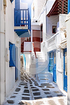 The whitewashed, narrow alleys on the island of Mykonos