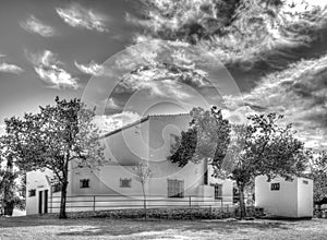 Whitewashed Spanish building with trees and wispy white clouds in a deep blue sky. Monochrome, black and white