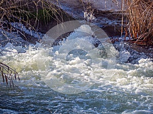 Whitewater in a mountain river in springtime