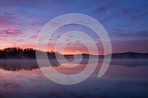 Whitford Lake at Dawn with Crescent Moon