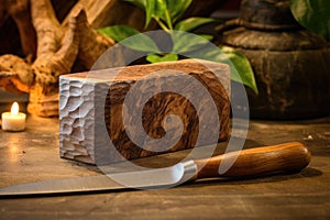 whittling knife resting on a wooden block photo
