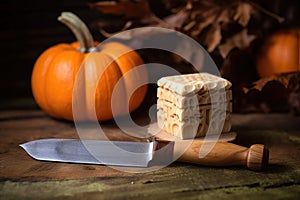 whittling knife and wooden block, ready to carve photo