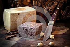 whittling knife and wooden block, ready to carve photo