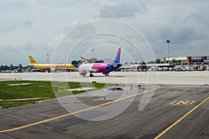 Whizz Air, DHL and British Airways planes at Marco Polo Airport, Venice