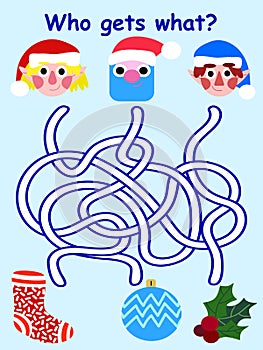 Who gets what - Christmas maze game with Santa Claus and elves stock vector illustration