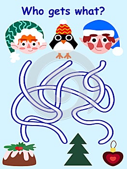 Who gets what? - Christmas maze game stock vector illustration