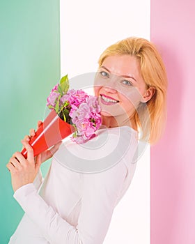 Who is her secret admirer Lady happy received flowers from secret admirer. Woman smiling dreamy try guess who fall in