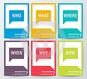 WHO WHAT WHERE WHEN WHY HOW, 5W1H or WH Questions poster. colorful speech bubbles graphic background.