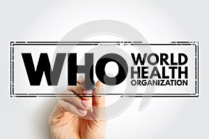 WHO World Health Organization - specialized agency responsible for international public health, acronym text stamp concept