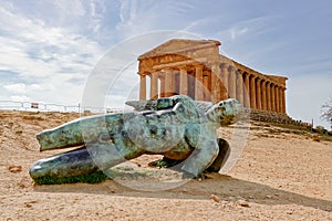 The whole Ancient Statue of the Fallen Icarus in the front of the Tempio della Concordia in Valley of the Temples near Agrigento,