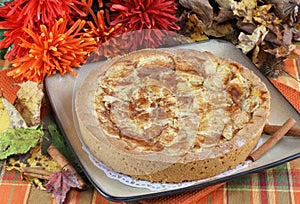 Whole apple kuchen cake in fall setting.