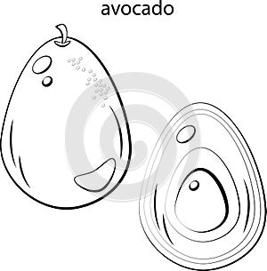 Whole avocado and avocado in the cut. Black and white image, coloring.