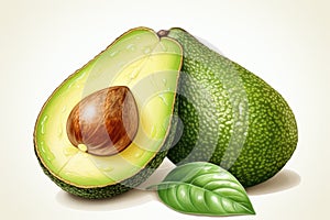 Whole avocado and avocado with a pit. Beautiful still life with avocado close-up on a white background