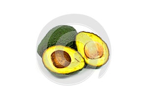 Whole avocado and cut half on white background