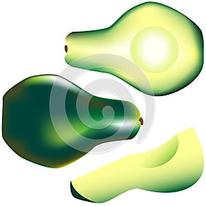 Whole avocado, slice and wedge in vector photo