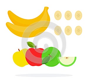 Whole banana with banana slices, red, green, yellow apples