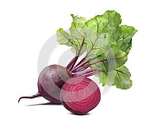 Whole beet root half composition isolated on white background