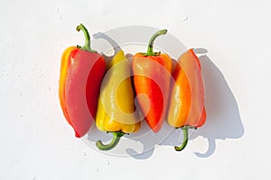 Whole Bell Peppers red green yellow orange in water drops on white background Isolated top view close up