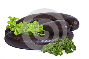 Whole blood sausage. Meat product isolated on white background