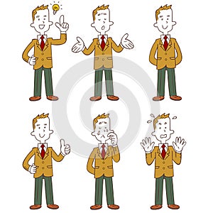 Whole body of a male student wearing a beige blazer 6 types of gestures and poses