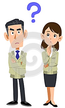 Whole body of man and woman wearing work clothes with doubts