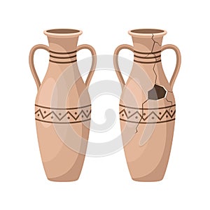 Whole and broken ancient amphora icon with two handles. Antique clay vase jar, Old traditional vintage pot. Ceramic jug