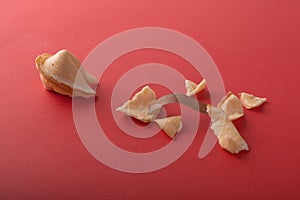 Whole and broken traditional chinese cookies with a blank note for text on a red background.