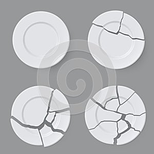 Whole and broken white ceramic plate top view collection realistic template vector illustration