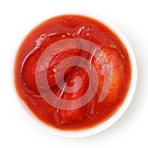 Whole canned tomatoes in white dish.