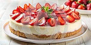 Whole cheesecake with strawberry pieces on the plate