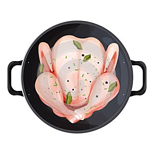 Whole chicken meat or turkey full bird in frying pan top view on wooden round cutting board in cartoon style isolated on