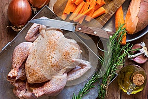 Whole Chicken Seasoned Uncooked Chopped Vegetables Carrots Yams Onions in Baking Form Rosemary Twigs Olive Oil on Kitchen Table