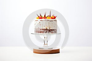 whole chocolate cake on a glass stand, white background