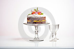 whole chocolate cake on a glass stand, white background